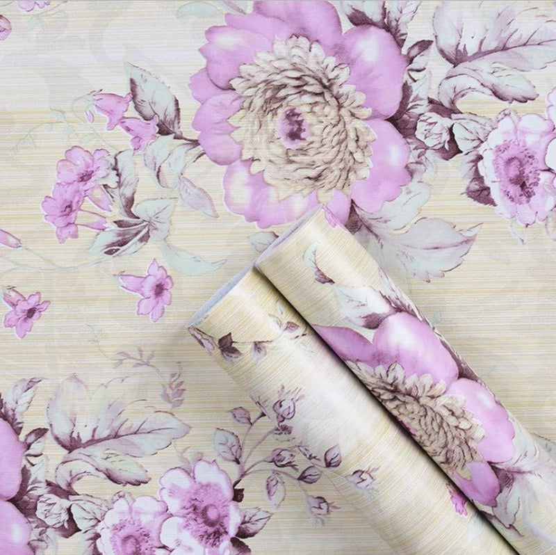 UPREDO Retro Style Blooming Purple Flower Wallpaper Peel Stick Shelf Liner Funitures Dresser Drawer Cabinet Paper Decor 17.7 Inch by 100 Inch - Image 1